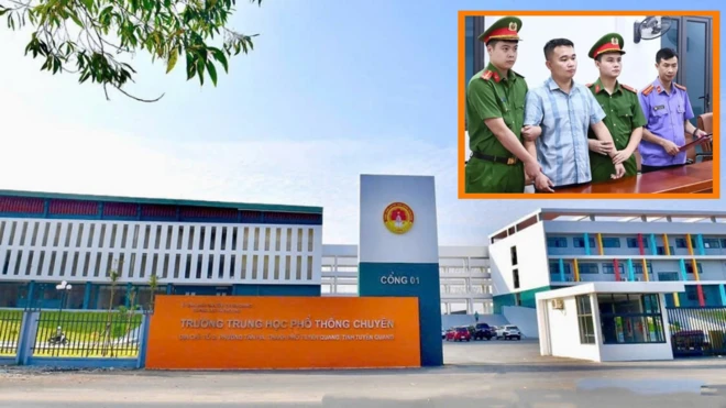 Ảnh thiết kế: Quang cảnh trường THPT chuyên Tuyên Quang, góc trái là thầy giáo Nguyễn Hà Duy bị cơ quan chức năng tố tụng