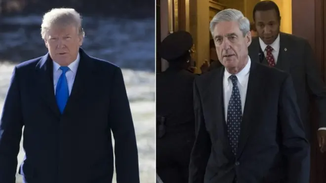 Gizli işbirliği iddiasını reddeden Trump, Mueller'ın (sağda) soruşturmasını "cadı avı" olarak tanımlıyor.