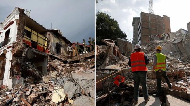 Composición de imágenes del terremoto del 7 de septiembre (izquierda) y del 19 de septiembre (derecha).