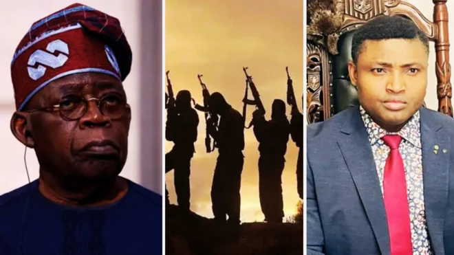 Bola Tinubu on glass, dark men wit guns, Simon Ekpa on red tie