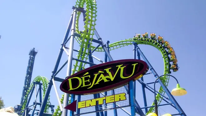 Riders brave Deja Vu during the media preview of the new roller coaster ride August 24, 2001 at Six Flags Magic Mountain in Valencia, CA.
