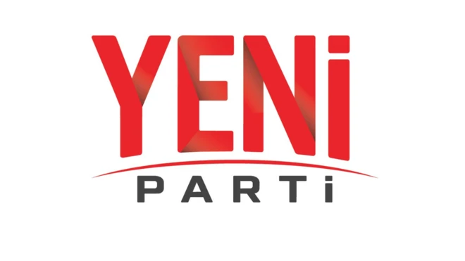 Yeni Parti yazan logo. Beyaz bir zemin üzerinde Kırmızı renkte Yeni yazıyor, altta Parti ifadesi var.
