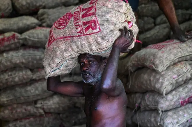 A labourer carries a sack of onions at a market in Colombo on March 20, 2023. - Cash-strapped Sri Lanka is seeking a 10-year moratorium on its foreign debt, President Ranil Wickremesinghe's office said on March 20 on the eve of a desperately needed $2.9 billion IMF bailout.