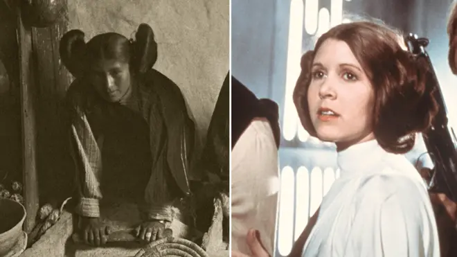 Imagen de una mujer hopi (1906) y de la princesa Leia (1977) con peinados similares.
