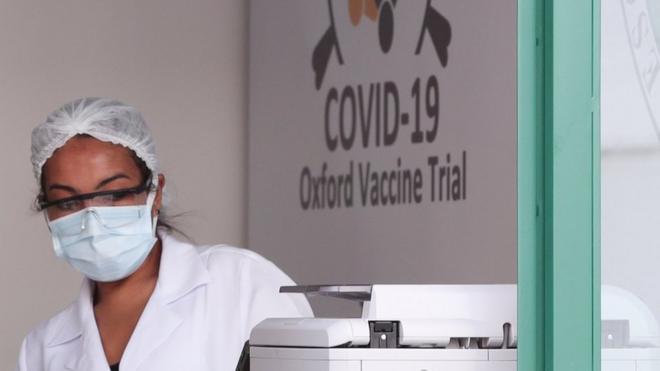 An employee is seen at the Federal University of Sao Paulo (Unifesp) where the trials of the Oxford/AstraZeneca coronavirus vaccine are being conducted