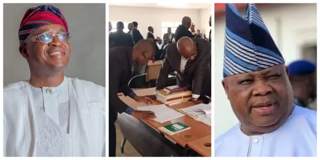 Aworan afihan Gomina Oyetola ati Ademola Adeleke