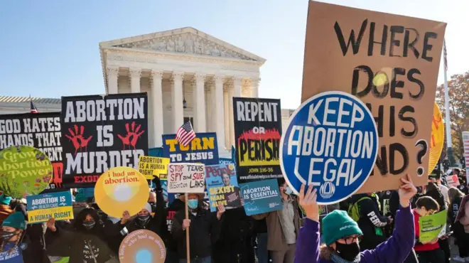 Demonstrators from the anti-abortion and pro-abortion camps gather in front of the US Supreme Court in Washington in December 2021