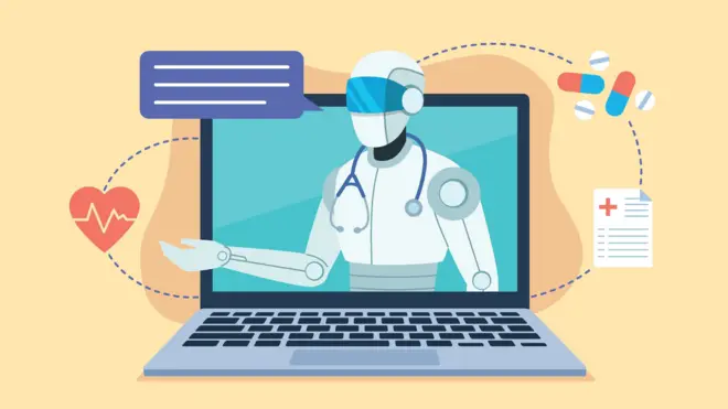 Ilustração representando um robô vestido de médico aparecendo da tela de um laptop