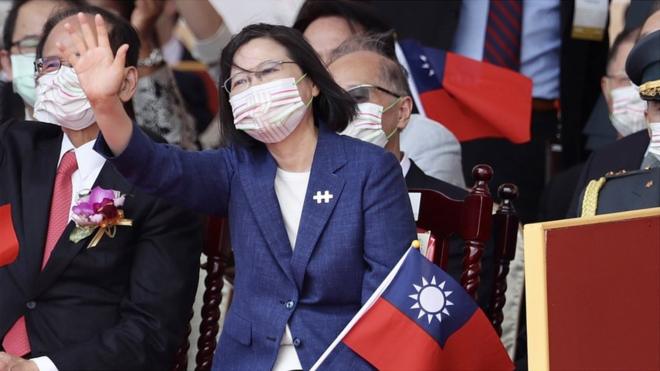Taiwanese President Tsai Ing-wen gestures during the Taiwan National Day celebrations in Taipei, Taiwan, 10 October 2021.