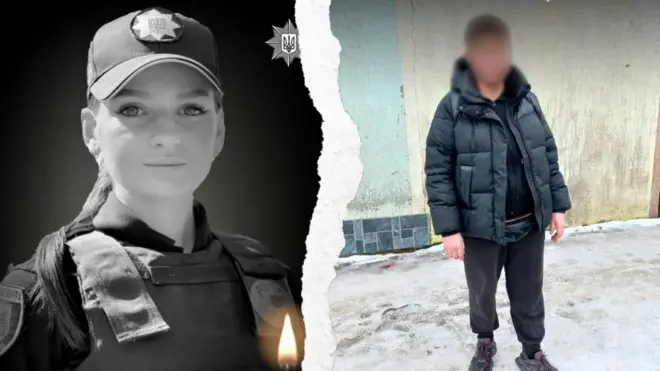 Колаж - ліворуч чорно-біле фото загиблої поліцейської у формі, праворуч - фото підозрюваної у куртці та штанях із заблюреним обличчям