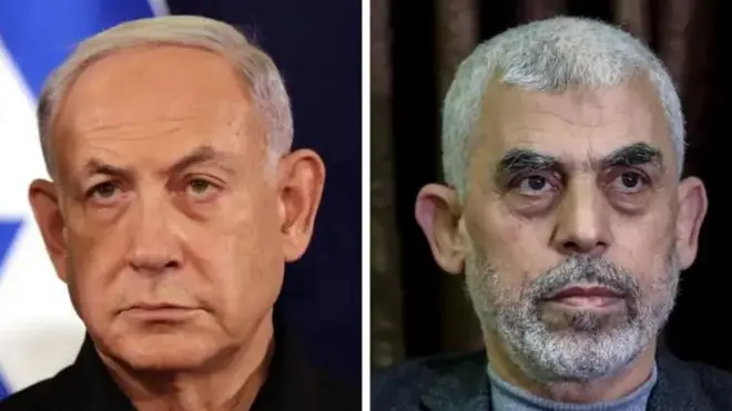 Waziri Mkuu wa Israel Benjamin Netanyahu na kiongozi wa Hamas huko Gaza, Yahya Sinwar.