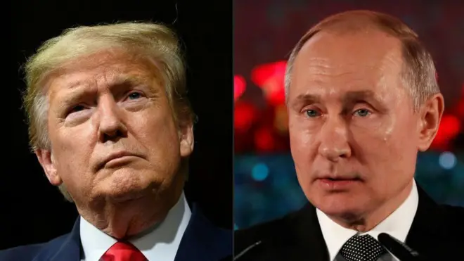 Ifoto yafatanyijwe ku itariki ya 21 Gashyantare (2) mu 2020 igaragaza Perezida w'Amerika Donald Trump na Perezida w'Uburusiya Vladimir Putin, bafotowe begerewe. 