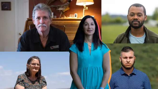 (Từ trái qua) Cử tri Steve Egan, chủ một doanh nghiệp ở Brandon, Florida; Cử tri Joyce Kenney ở Prescott Valley, ArizonArizona; Cử tri Juan Rivera ở California; Cử tri Robert Billups, một kế toán tự do tại Bremerton, Washington; (trung tâm) Cử tri Amanda Taylor, tại Pooler, Georgia