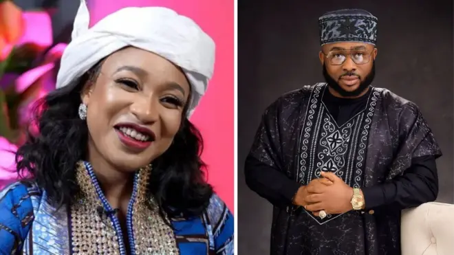 Collage of Tonto Dike and her ex-husband Olakunle Churchill. Madam Dike use one white scarf tie her head and she wear one blue shirt, while Oga Churchill wear one black agbada