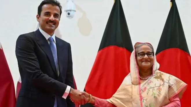 বাংলাদেশের প্রধানমন্ত্রী শেখ হাসিনার সাথে কাতারের আমির শেখ তামিম বিন হামাদ আল থানি।