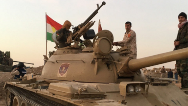 Kurdish fighters on tank near Mosul. Photo: 20 October 2016