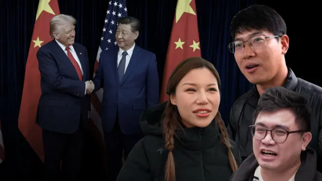 圖片左邊是習近平特朗普握手,右邊是一名女性和兩名男性受訪者