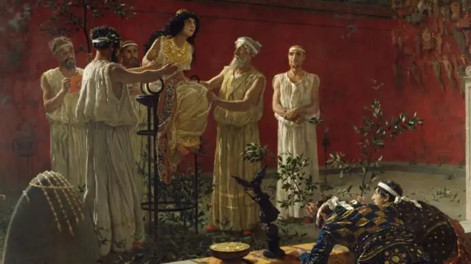 "L'Oracle", peint par Camillo Miola en 1880, avec la Pythie assise sur un trépied entourée de prêtres ou d'officiants, à l'oracle de Delphes.