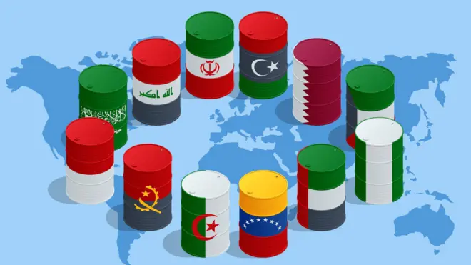 विश्व के राजनीतिक मानचित्र पर, OPEC सदस्य देशों के झंडों के रंगों वाले तेल के बैरल. 