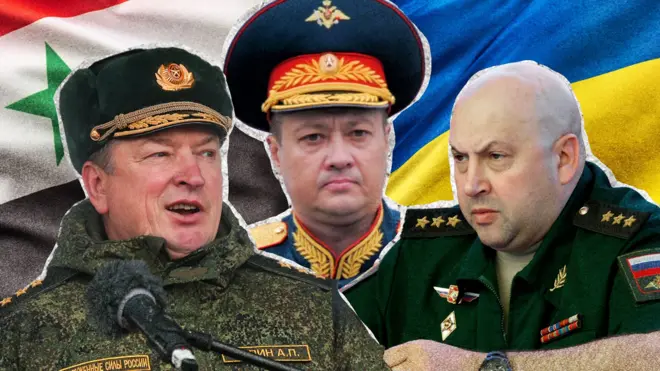 Коллаж: три человека в военной генеральской форме на фоне флага Сирии и флага Украины