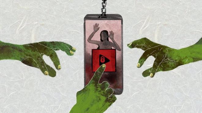 动画显示三只邪恶之手伸向一部手机，当中有一名被困妇女