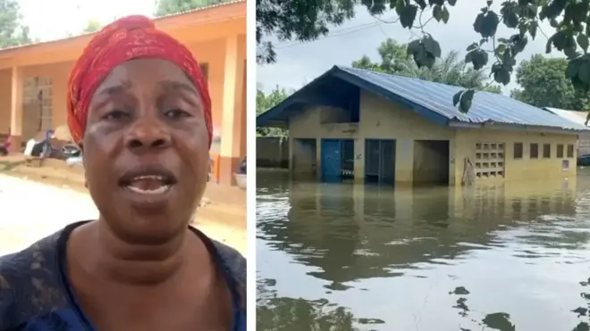 Colage foto of woman wey dey affected by di flood and house wey water enter