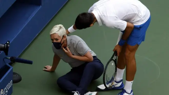Novak Djokovic checked on the line judge after hitting her with a ball when he was 6-5 down in the first set