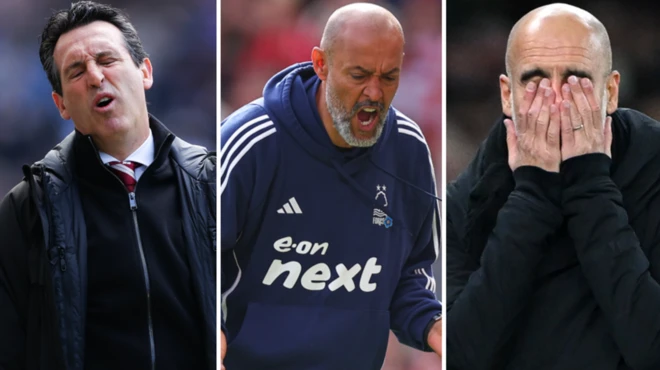 Foto collage of Aston Villa oga Unai Emery (left), Nottingham Forest oga Nuno Espirito Santo and Manchester City boss Pep Guardiola (right) react during recent Premier League games
