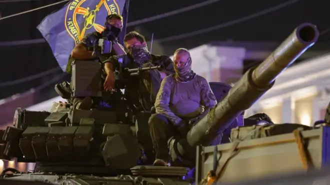 Fighters of Wagner private mercenary group pull out of the headquarters of the Southern Military District to return to base, in the city of Rostov-on-Don, Russia, June 24, 2023. REUTERS/Alexander Ermochenko