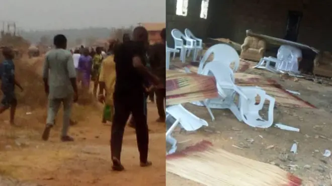 Aworan awọn eeyan ati aafin ti wọn bajẹ.