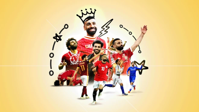 Footballer Mohamed Salah is shown at various stages of his career wearing the kits of his different clubs, and in many celebratory postures.