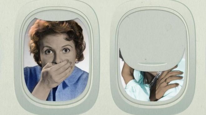 Ilustração mostra na janela do avião mulher com mãosaque pix sportingbet quanto tempo demorafrente ao rosto, indicando vergonha