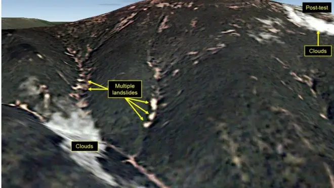 Foto-foto yang dikeluarkan oleh 38 North tampak menunjukkan sejumlah longsor di dekat puncak Gunung Mantap.