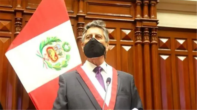 Francisco Sagasti from the Centrist Morado Party addresses Congress members after he was elected Peru"s interim president, in Lima, November 16, 2020.