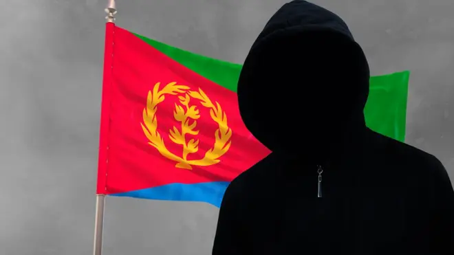 Graphic of mystery man in front of an Eritrean flag