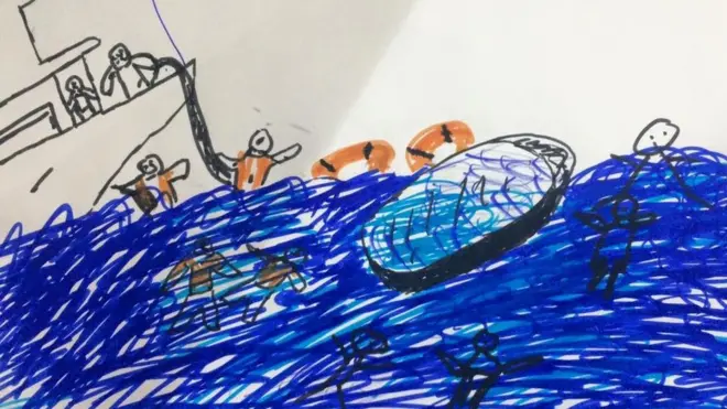Dibujos como estos impulsaron a los voluntarios de Lesbos a tratar el trauma al agua que tenían los niños.