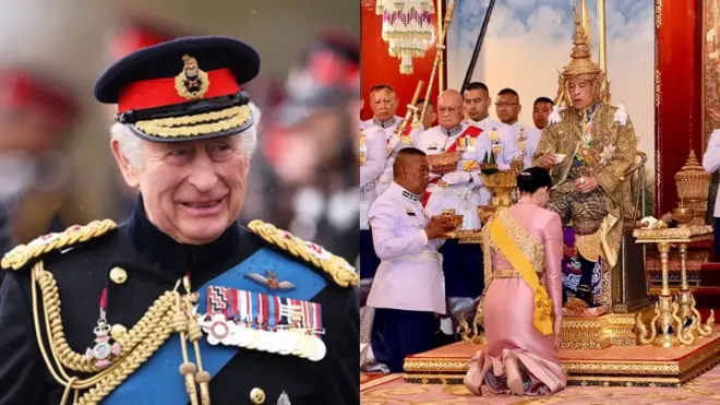 A split screen image of King Charles wearing uniform as well as Thailand's King and Queen