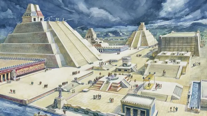 Hernán Cortés descreveu Tenochtitlán como a cidade dos palácios. Esta ilustração, aproximadamente do ano 1900, mostra a praça central e o Templo Maior no século 16