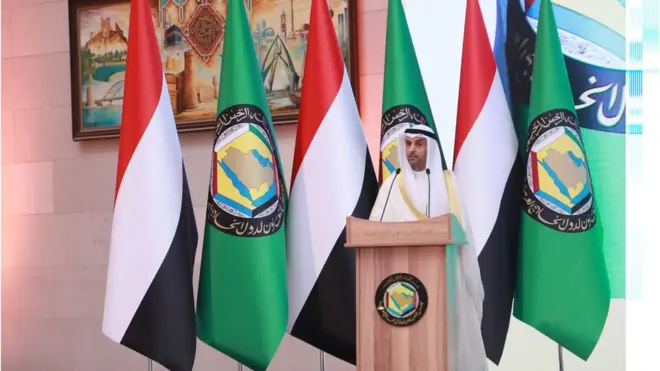 الأمين العام لمجلس التعاون الخليجي، الدكتور نايف الحجرف، في الجلسة الافتتاحية للمشاورات اليمنية