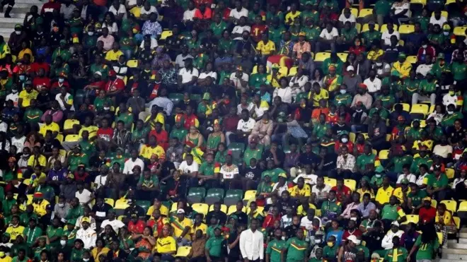 Cameroon fans in the Olembe stadium