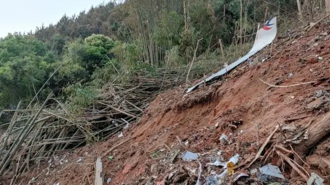 Plane debris is seen at the site where a China Eastern Airlines Boeing 737-800 plane flying from Kunming to Guangzhou crashed, in Wuzhou, Guangxi Zhuang Autonomous Region, China March 21, 2022.