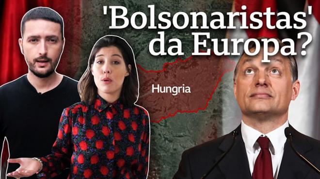 Ricardo Senra e Elisa Kriezis ao lado de mapa da Hungria, foto de Viktor Orbán e o texto: 'Bolsonaristas' da Europa?