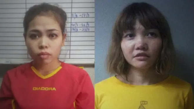 Police mugshots of Siti Aisyah (left) and Doan Thi Huong who were imprisoned for the murder of Kim Jong-nam