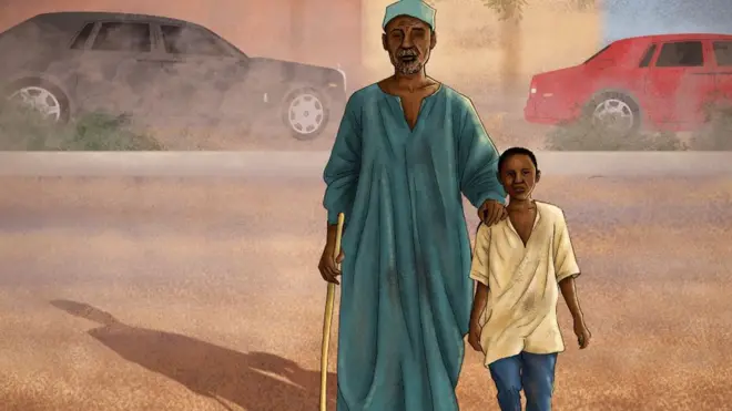 Illustration wey show Samuel Abdulraheem as young boy wey dey guide one blind beggar