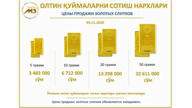 Ўзбекистонда сотувга қўйилган олтин қуймалари