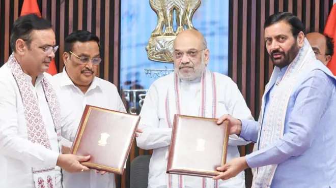 अमित शाह, सीआर पाटिल, भजनलाल शर्मा और नायब सिंह सैनी