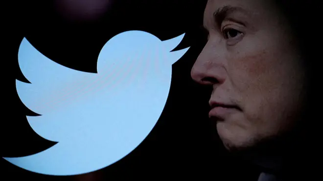 Logo de Twitter y el rostro de perfil de Elon Musk