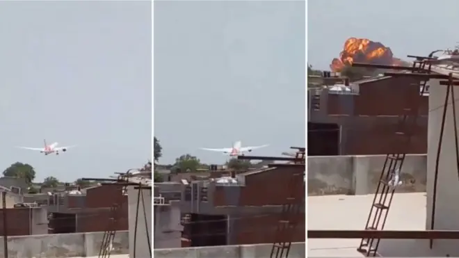 Sequência do vídeo que mostra a queda do avião da Air India em Ahmedabad, no dia 12/6/2025.