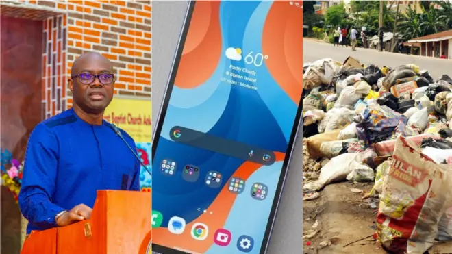 Aworan gomina Seyi Makinde, ẹrọ ibanisọrọ ilewọ ati ojuko idọti kan