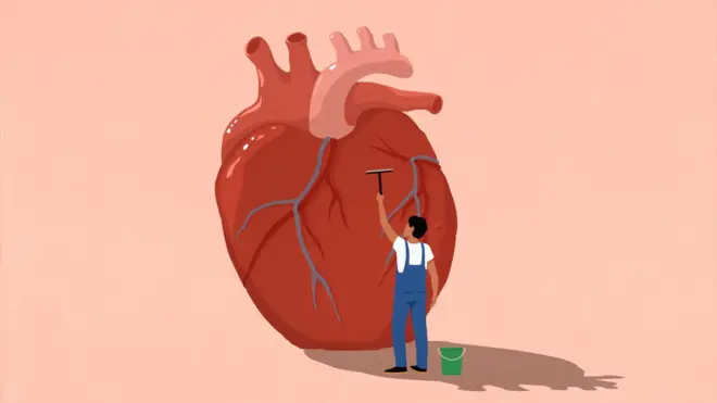 Illustration d'un homme nettoyant un grand cœur à l'aide d'une raclette.